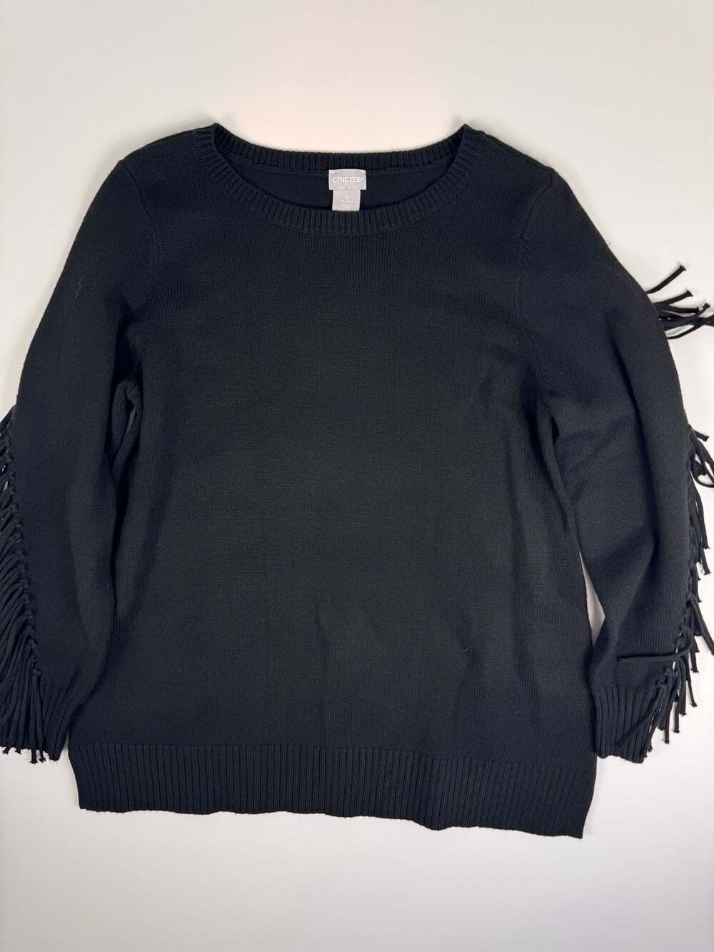 Chico's Black Fringe Sleeve Pullover Sweater Size 2